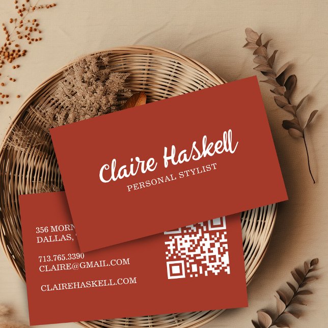 Fancy Script True Autumn Minimalist Modern QR Code Business Card (Fancy Script True Autumn Minimalist Modern QR Code Business Card
Brick Red)