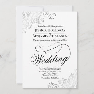 Fancy Script with Flourish Silver & White Wedding Invitation