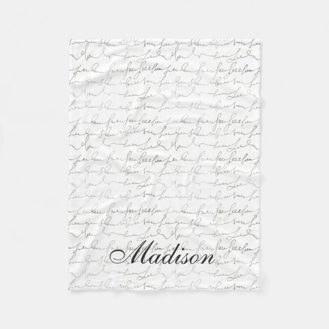 Fancy Script Writing Black White Custom Name Fleece Blanket (Front)