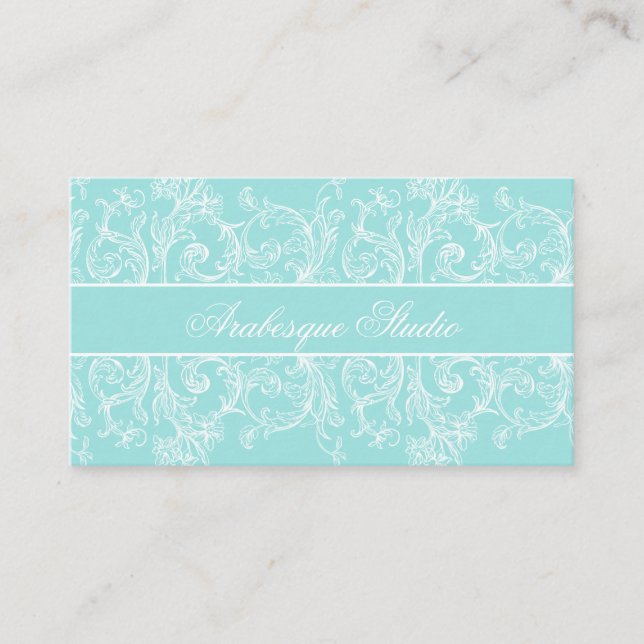 Fancy Scrollwork White on Blue Business Card (Front)