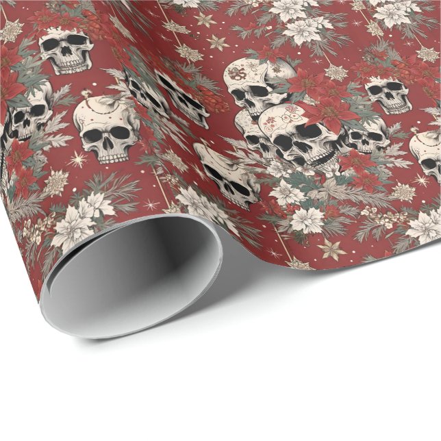 Fancy Silkscreen Style Skull Christmas Wrapping Paper (Roll Corner)