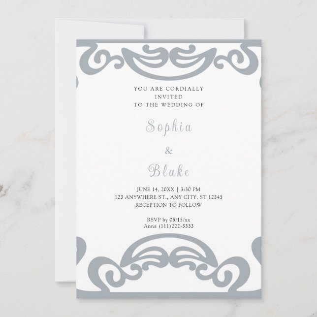 Fancy Silver and White Scroll Art Deco Wedding Invitation (Front)