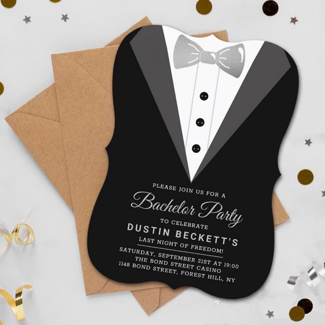 Fancy Silver Foil Tuxedo Bachelor Party Invitation (Creator Uploaded)