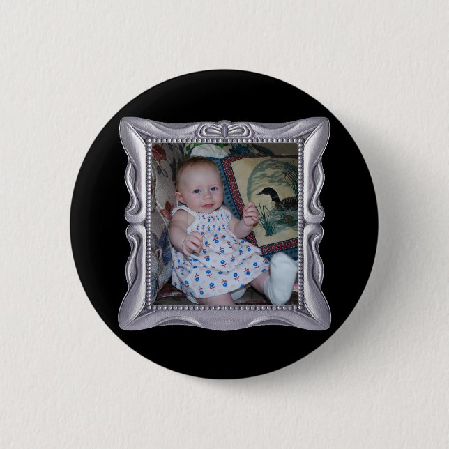 Fancy Silver Frame Add Photo Here 6 Cm Round Badge (Front)