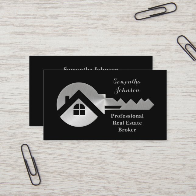 Fancy Silver Key Real Estate Broker Business Card (Front/Back In Situ)