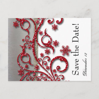 Fancy Silver Red Glitter Save the Date Announcement Postcard