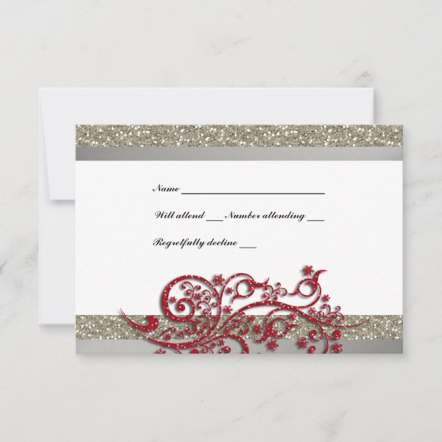 Fancy Silver Red Glitter Snowflakes RSVP Card (Front)