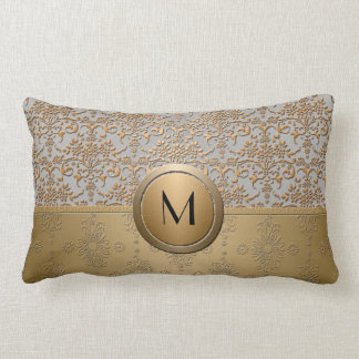 Fancy Simulated Gold and Silver Monogram Damask Lumbar Cushion