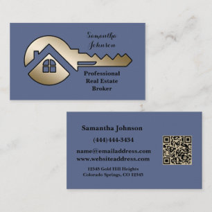 Fancy Slate Blue with Gold Key QR Code Real Estate Business Card