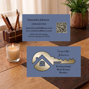 Fancy Slate Blue with Gold Key QR Code Real Estate Business Card