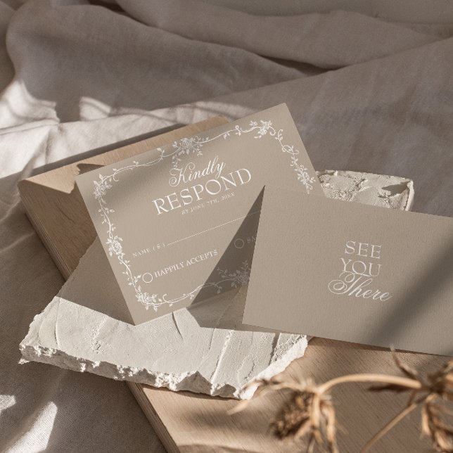 Fancy Soft Taupe Floral Boho Wedding RSVP Card (Creator Uploaded)