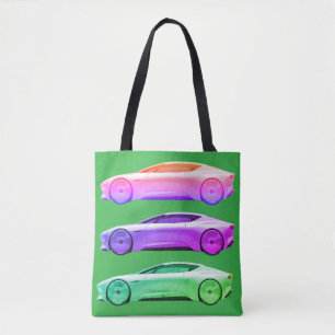 Fancy Sports Cars in Bold Colors Are on a Shopping Tote Bag