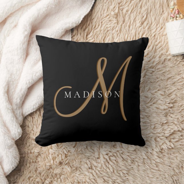 Fancy Stylish Black and Gold Monogram Script Cushion (Blanket)