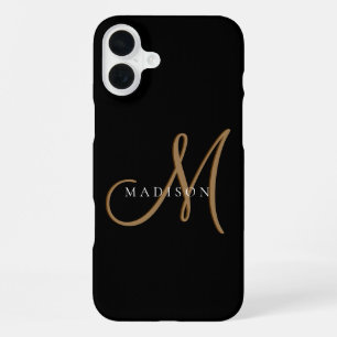 Fancy Stylish Black and Gold Monogram Script iPhone 16 Plus Case