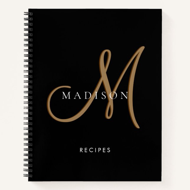 Fancy Stylish Black Gold Monogram Script Recipe Notebook (Front)