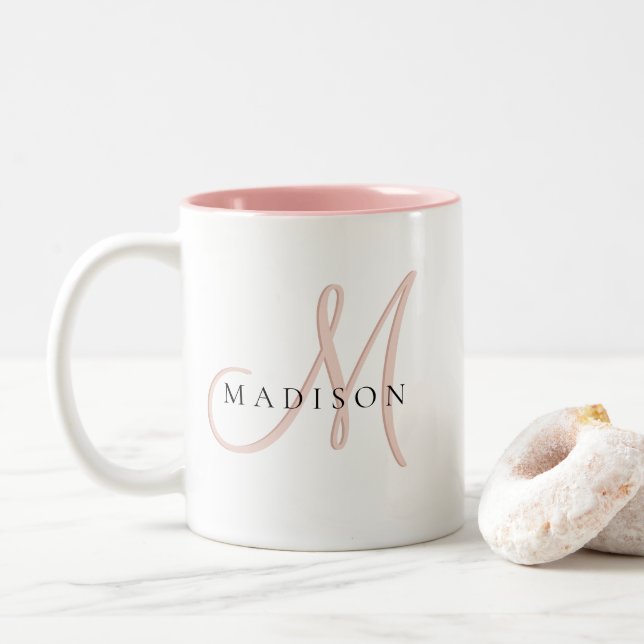 Fancy Stylish Blush Pink Shadow Monogram Script Two-Tone Coffee Mug (With Donut)