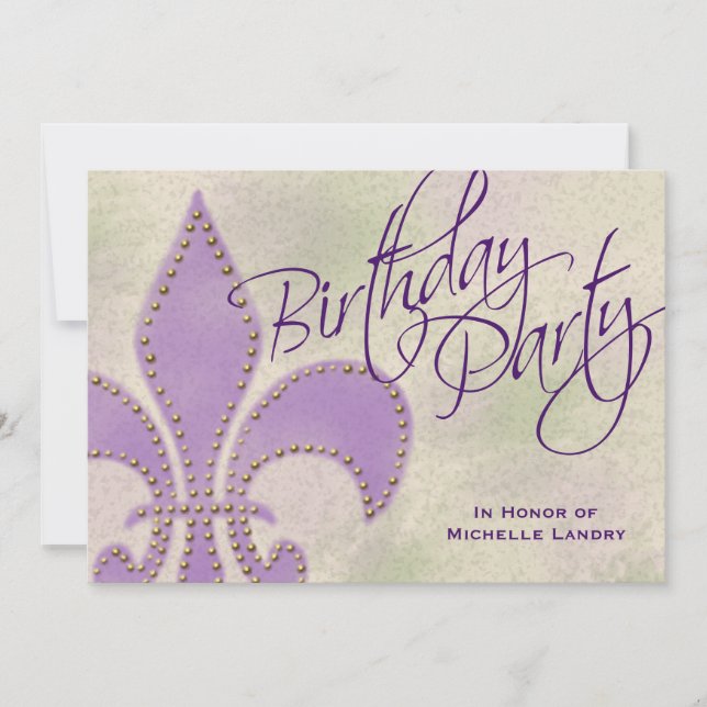 Fancy Swirl Purple Fleur de Lis Birthday Party Invitation (Front)