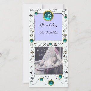 FANCY SWIRLS BABY BOY MONOGRAM ,aquamarine white Announcement