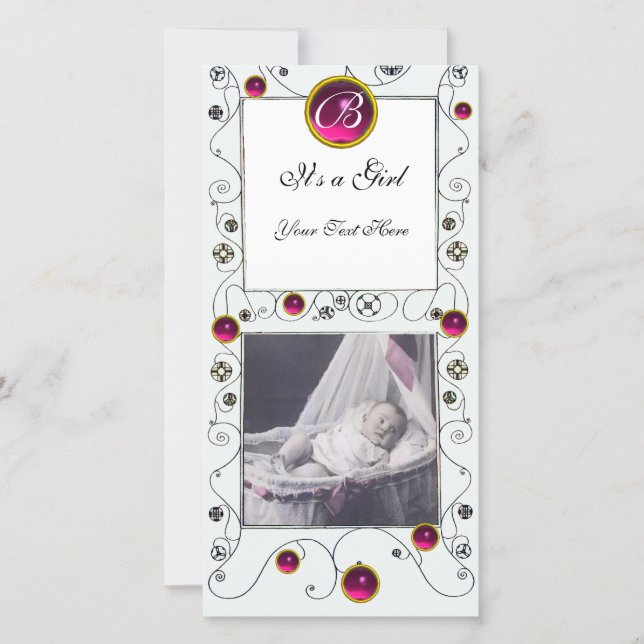 FANCY SWIRLS BABY GIRL  MONOGRAM ,ruby white Announcement (Front)