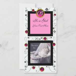 FANCY SWIRLS BABY GIRL MONOGRAM ,ruby white Announcement