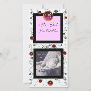 FANCY SWIRLS BABY GIRL MONOGRAM ,ruby white Announcement