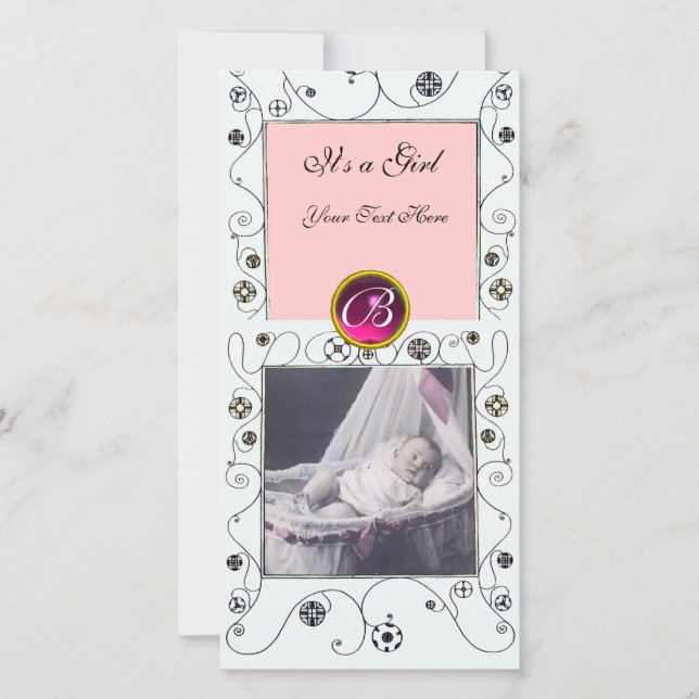 FANCY SWIRLS BABY GIRL  MONOGRAM ,ruby white Announcement (Front)