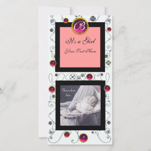 FANCY SWIRLS BABY GIRL MONOGRAM ,ruby white Announcement
