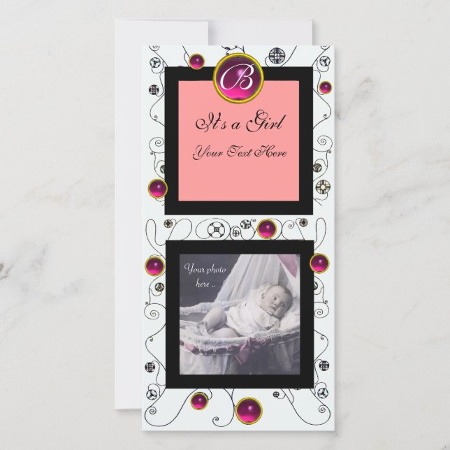 FANCY SWIRLS BABY GIRL MONOGRAM ,ruby white Announcement (Front)