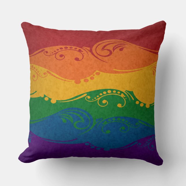 Fancy Swooped and Swirled LGBTQ Pride Rainbow Flag Cushion (Front)