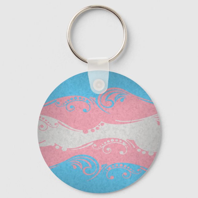 Fancy Swooped and Swirled Transgender Pride Flag Key Ring (Front)