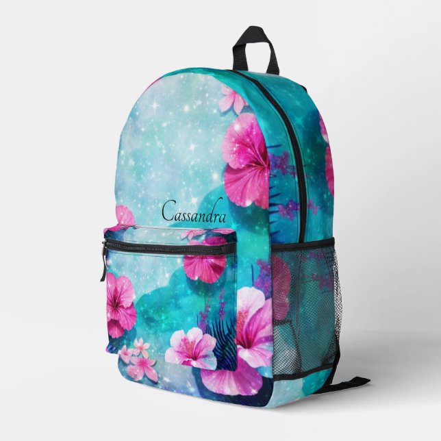 Fancy Teal and Pink Watercolor Hibiscus Flower Printed Backpack (Back Corner Right)