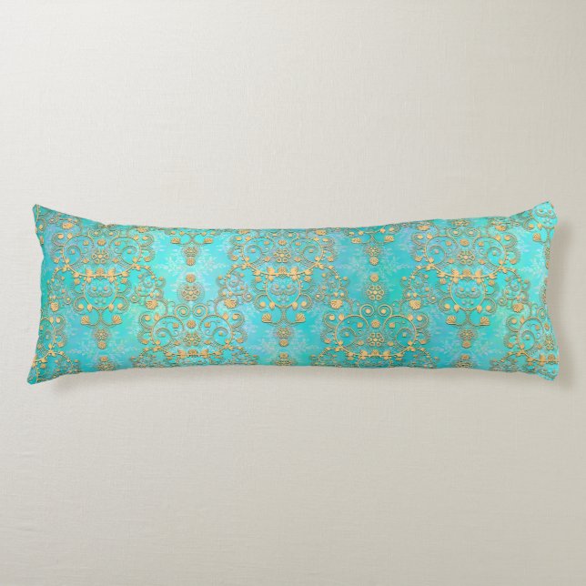 Fancy Teal and Yellow Gold Damask Pattern Body Cushion (Front)