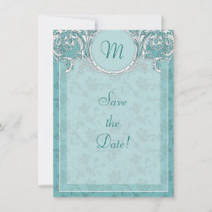 Fancy Teal Baroque Monogram Save the Date Card