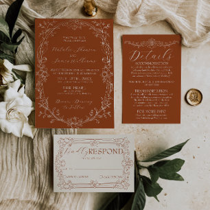 Fancy Terracotta Burnt Orange Floral Wedding Boho Invitation