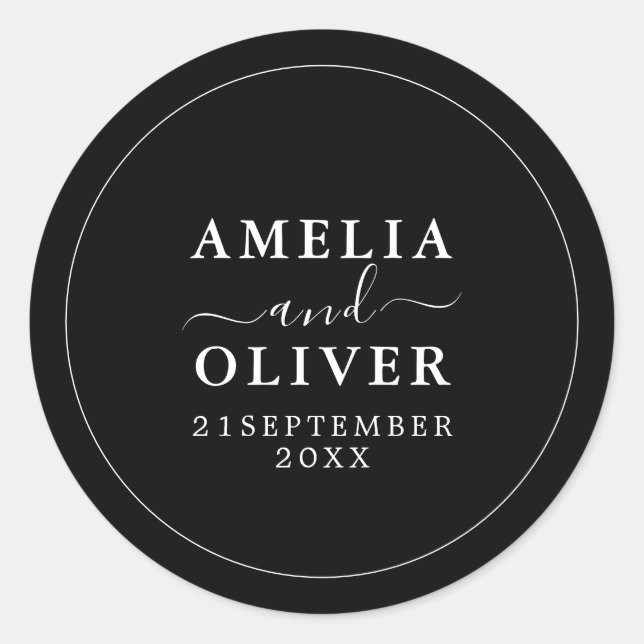 Fancy Timeless Modern Minimalist Black Wedding Classic Round Sticker (Front)