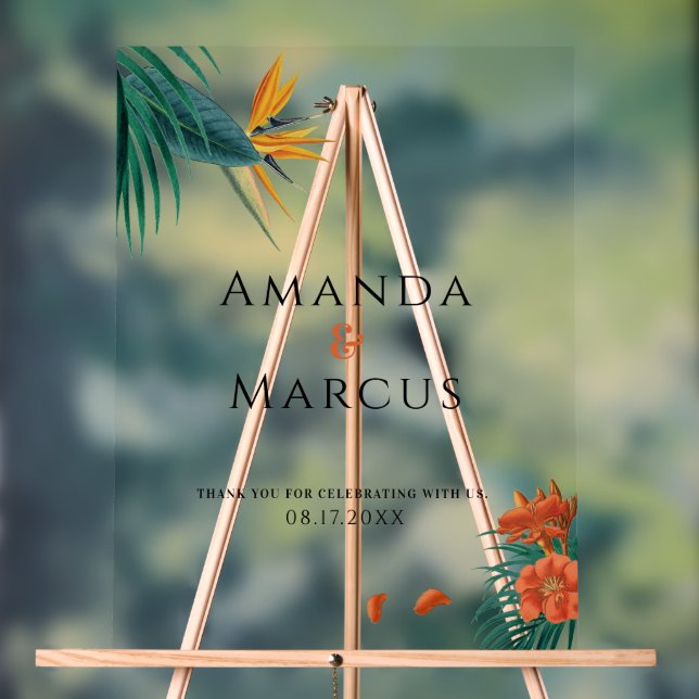 Fancy Tropical Flowers Wedding Welcome Acrylic Sign (Neutral)