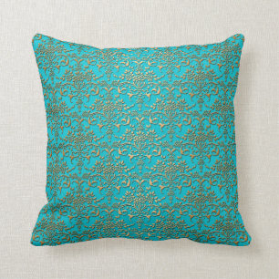 Fancy Turquoise and Gold Damask Pattern Cushion