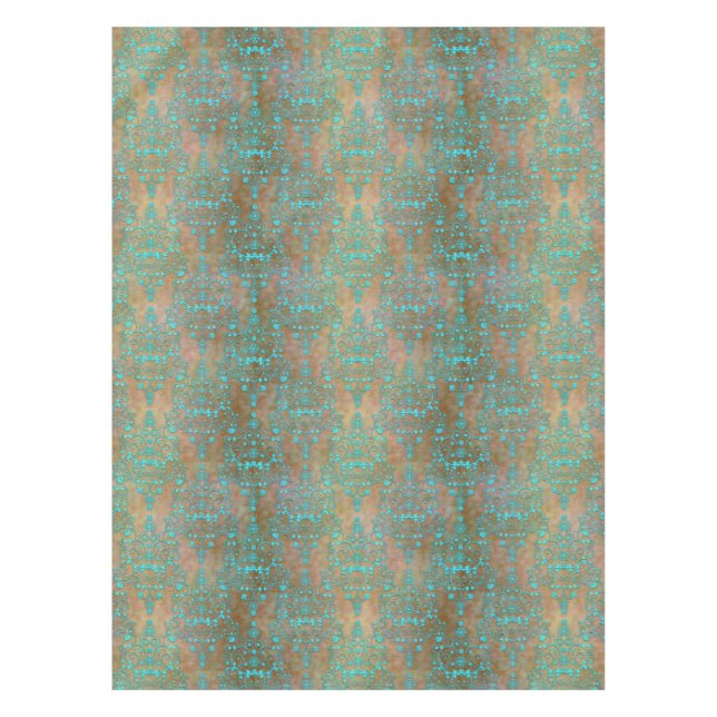 Fancy Turquoise over Brown Damask Tablecloth (Front)