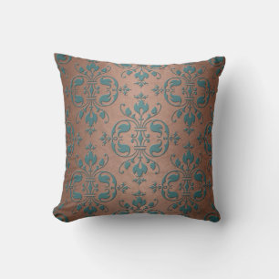 Fancy Turquoise over Brownish Copper Damask Cushion