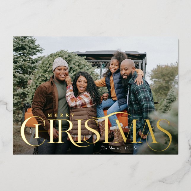 Fancy Type Merry Christmas Photo Foil Holiday Card (Front)