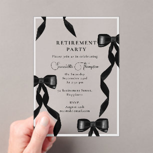 Fancy Watercolor Black Bow Formal Retirement Party Acrylic Invitations