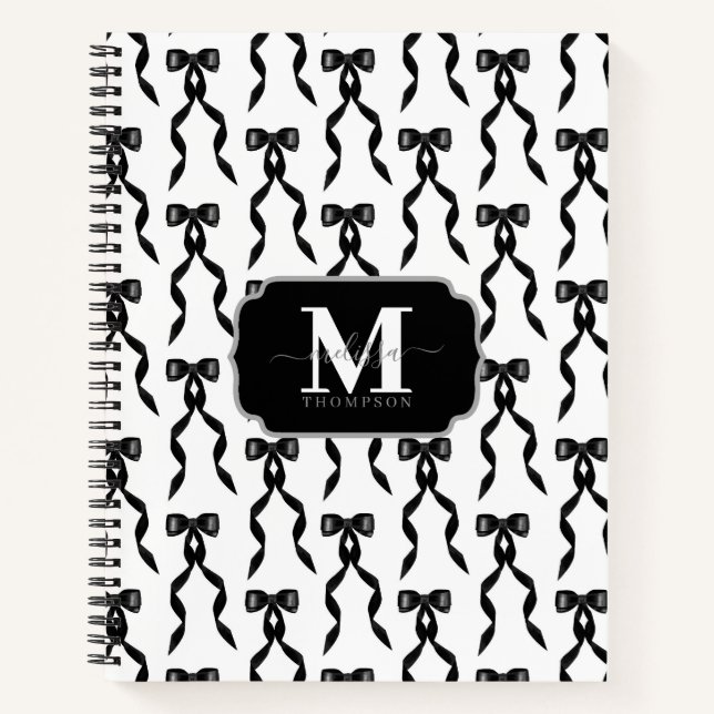 Fancy Watercolor Black Bow Monogrammed Notebook (Front)