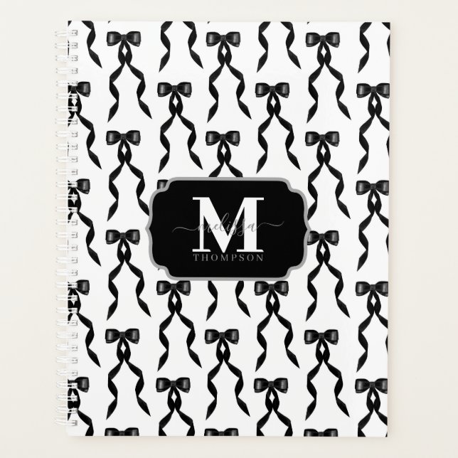 Fancy Watercolor Black Bow Monogrammed Wedding Planner (Front)