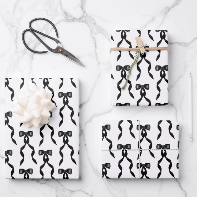 Fancy Watercolor Black Bow Pattern Wrapping Paper Sheet (Front)