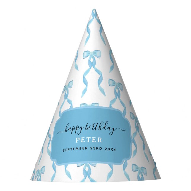 Fancy Watercolor Blue Bow Birthday Party Hat (Front)