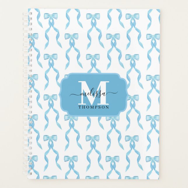 Fancy Watercolor Blue Bow Monogrammed Wedding Planner (Front)