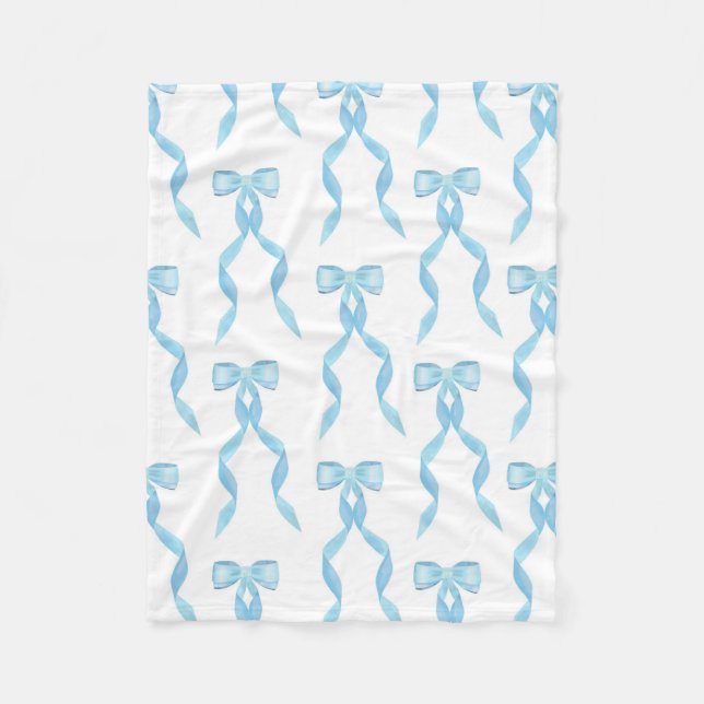 Fancy Watercolor Blue Bow Pattern Fleece Blanket (Front)