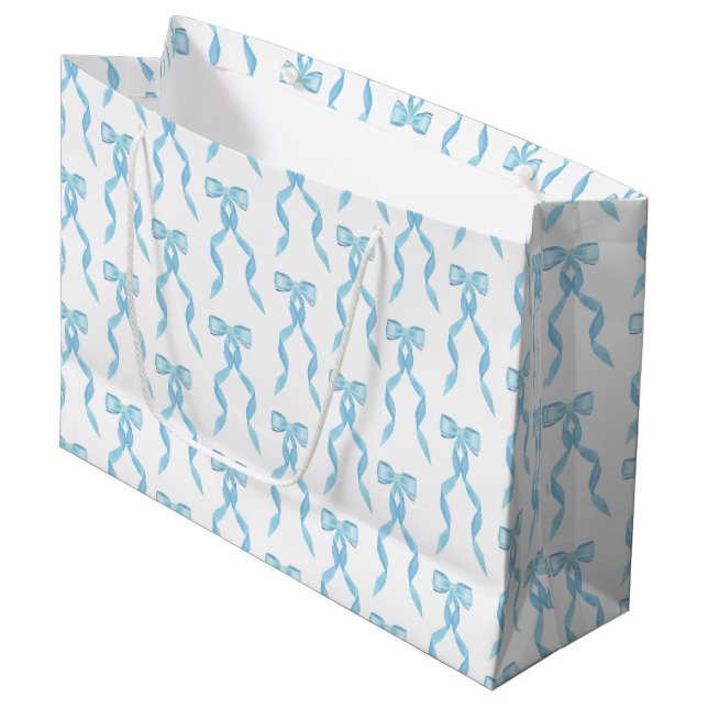 Fancy Watercolor Blue Bow Pattern Large Gift Bag (Front Angled)