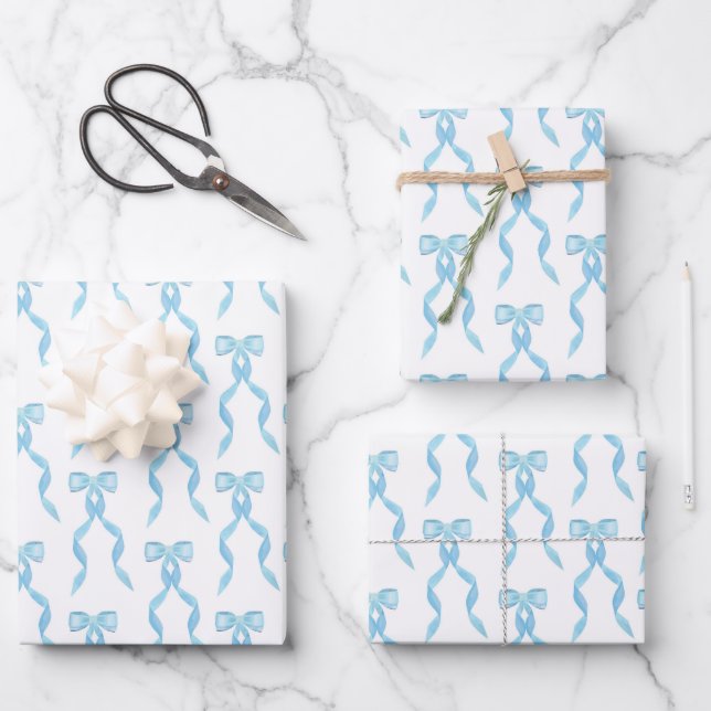 Fancy Watercolor Blue Bow Pattern Wrapping Paper Sheet (Front)