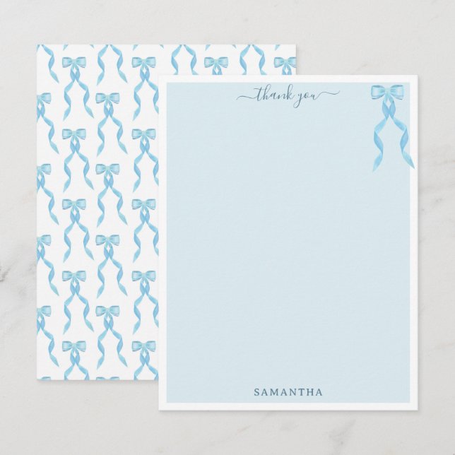 Fancy Watercolor Blue Bow Personalised Thank You Card (Front/Back)